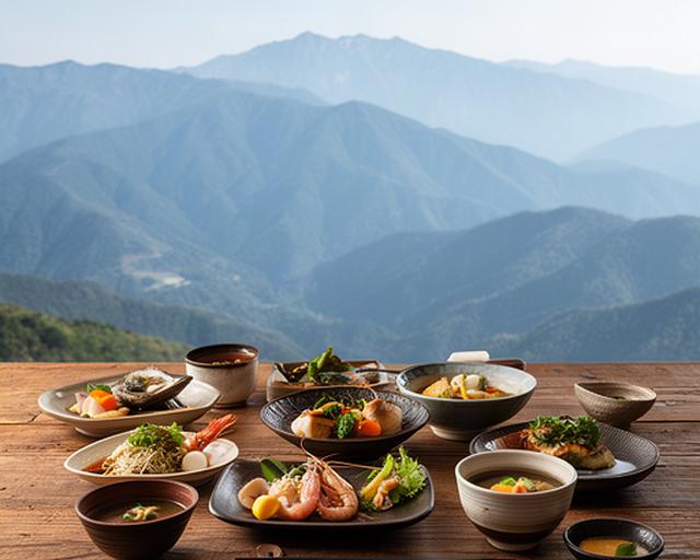 富山県東部の山並みを望む食事処で、地元料理が並ぶ木のテーブル