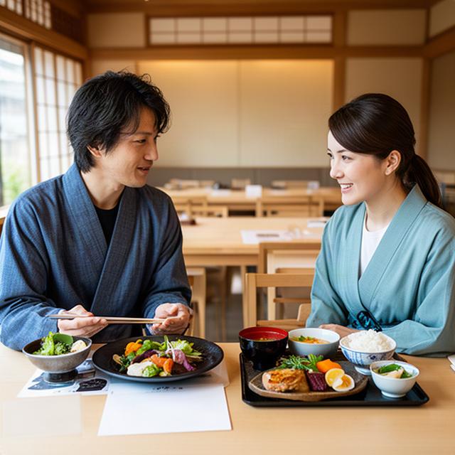 富山の和食店で料理内容を確認しながら食事をする旅行者とスタッフ