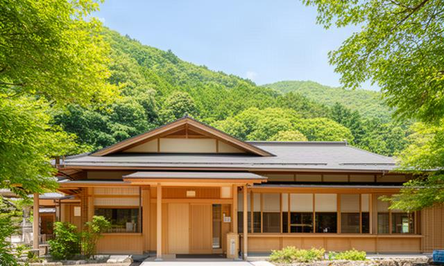 大岩山日石寺の門前町にある木造の食事処と夏の昼の風景