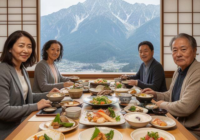 立山連峰を望む富山の食事処で季節料理を囲む旅行者